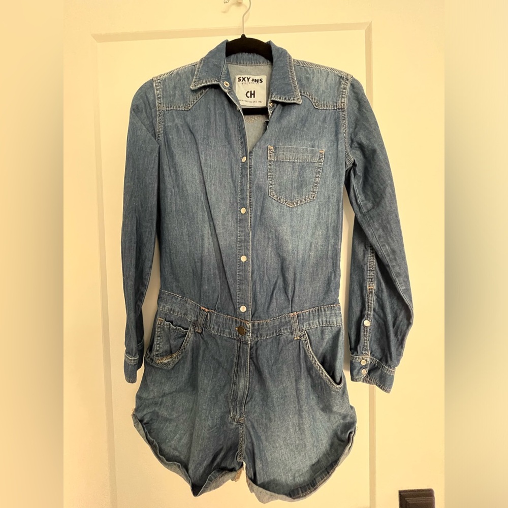 Long Sleeves Denim Romper With Pockets Size S Buttons On Front